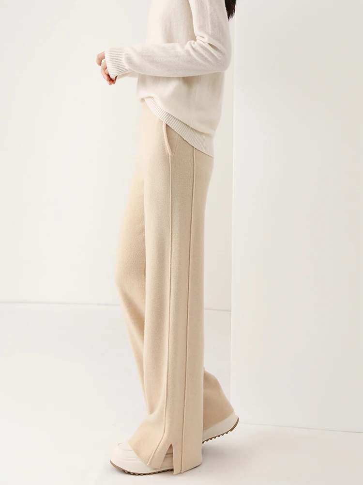 Women Wool Wide Leg Trousers Elastic Waist Side Slit Woman Wool Pants Autumn Winter 100% Merino Wool Knitted Soft Warm Trousers