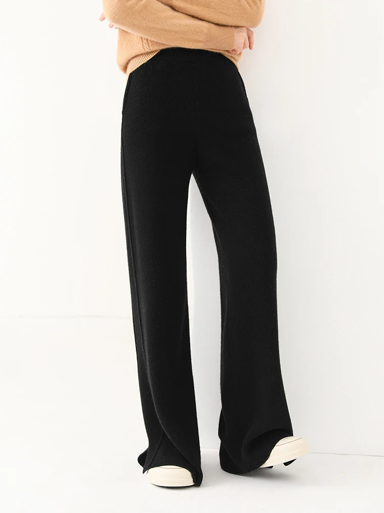 Women Wool Wide Leg Trousers Elastic Waist Side Slit Woman Wool Pants Autumn Winter 100% Merino Wool Knitted Soft Warm Trousers