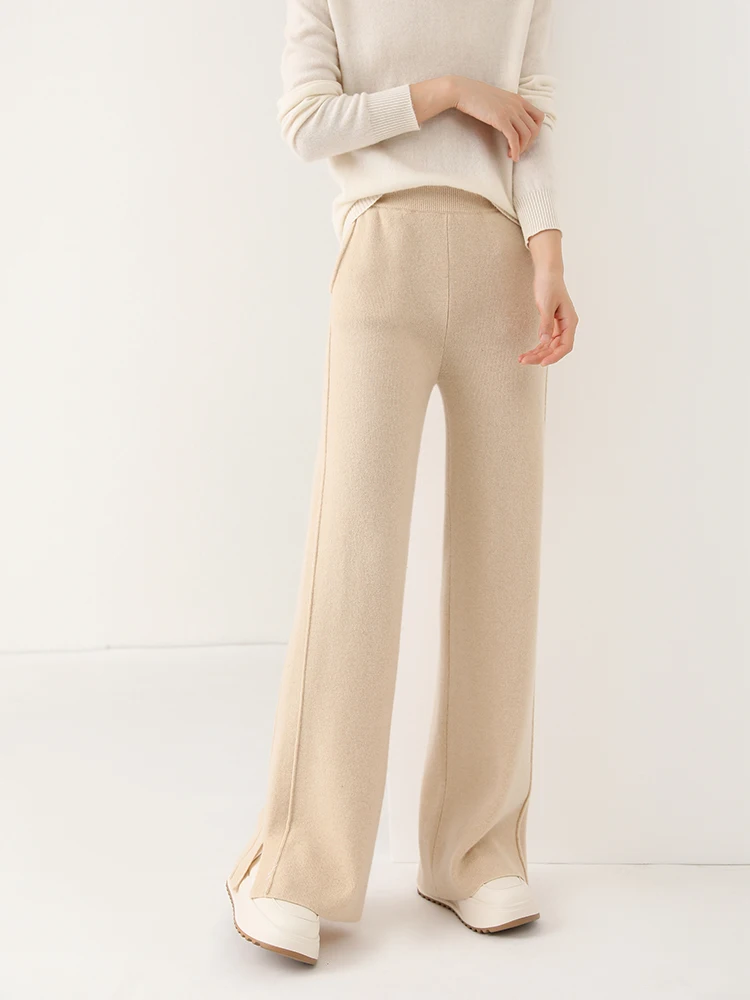 Women Wool Wide Leg Trousers Elastic Waist Side Slit Woman Wool Pants Autumn Winter 100% Merino Wool Knitted Soft Warm Trousers