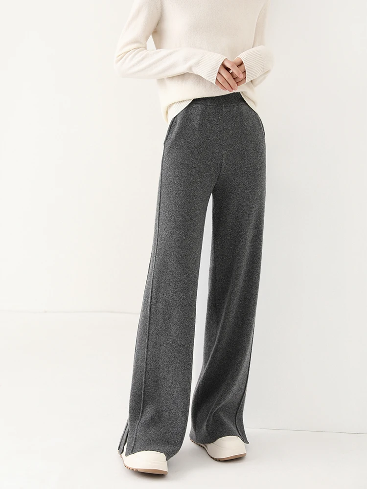 Women Wool Wide Leg Trousers Elastic Waist Side Slit Woman Wool Pants Autumn Winter 100% Merino Wool Knitted Soft Warm Trousers