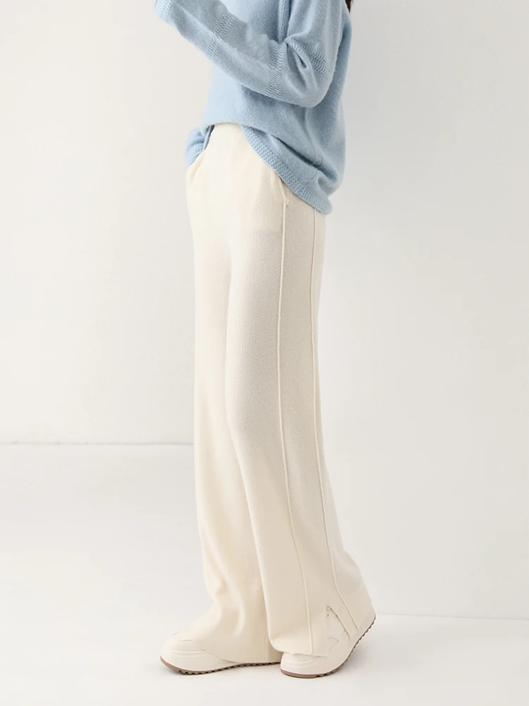 Women Wool Wide Leg Trousers Elastic Waist Side Slit Woman Wool Pants Autumn Winter 100% Merino Wool Knitted Soft Warm Trousers