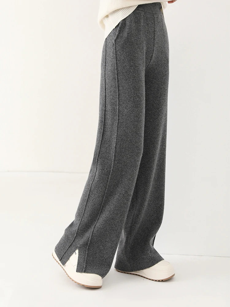 Women Wool Wide Leg Trousers Elastic Waist Side Slit Woman Wool Pants Autumn Winter 100% Merino Wool Knitted Soft Warm Trousers