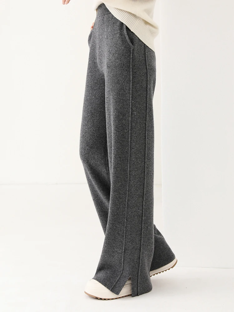 Women Wool Wide Leg Trousers Elastic Waist Side Slit Woman Wool Pants Autumn Winter 100% Merino Wool Knitted Soft Warm Trousers