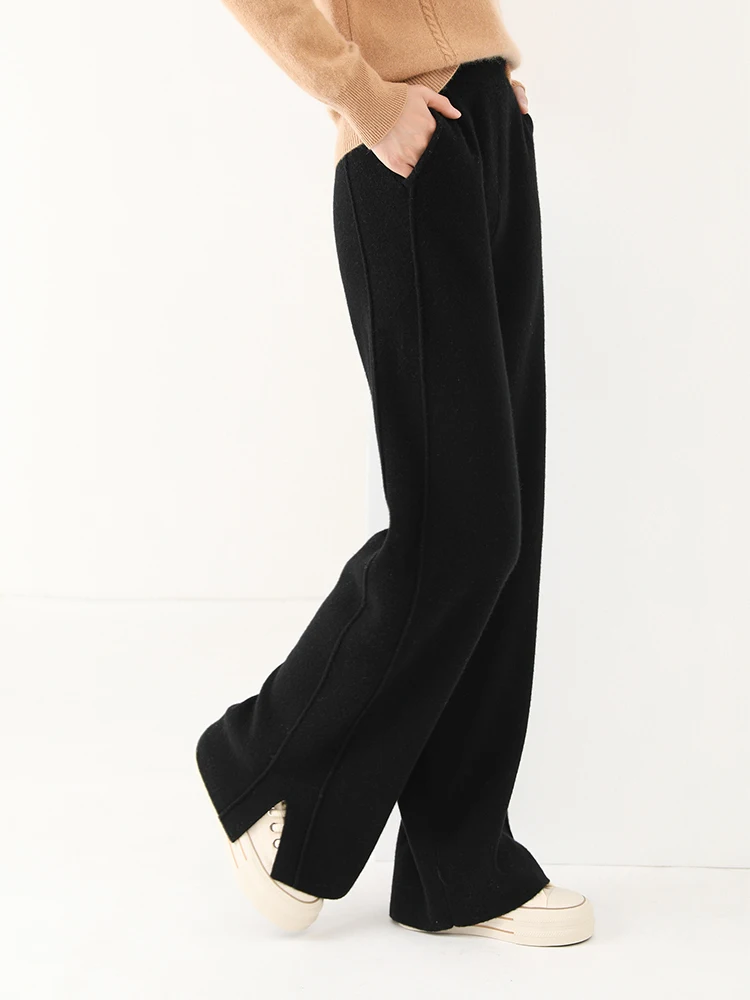 Women Wool Wide Leg Trousers Elastic Waist Side Slit Woman Wool Pants Autumn Winter 100% Merino Wool Knitted Soft Warm Trousers