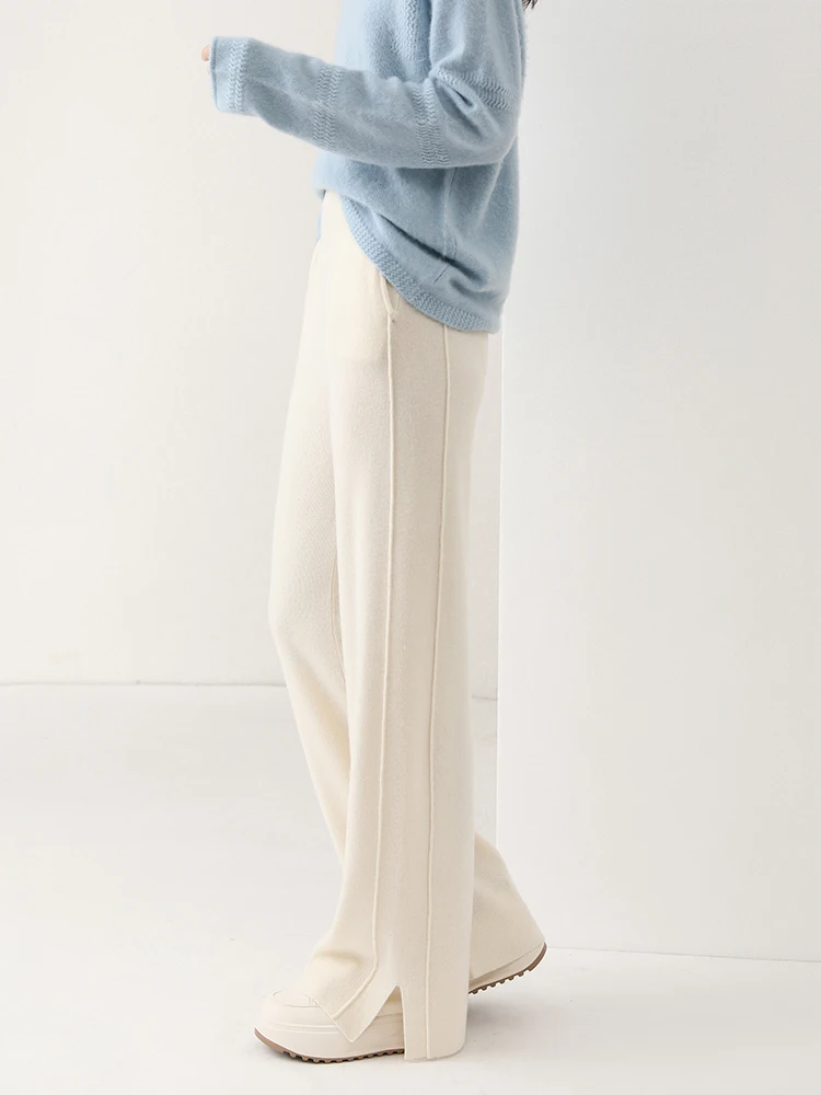 Women Wool Wide Leg Trousers Elastic Waist Side Slit Woman Wool Pants Autumn Winter 100% Merino Wool Knitted Soft Warm Trousers