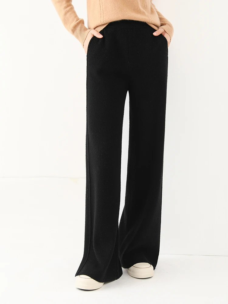 Women Wool Wide Leg Trousers Elastic Waist Side Slit Woman Wool Pants Autumn Winter 100% Merino Wool Knitted Soft Warm Trousers