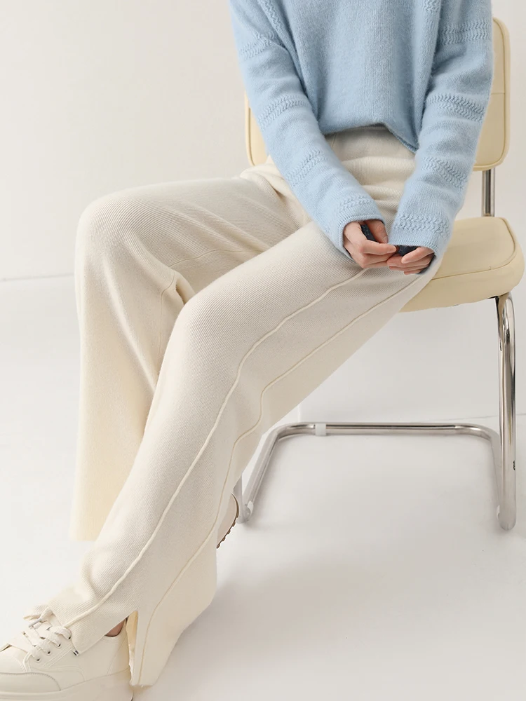 Women Wool Wide Leg Trousers Elastic Waist Side Slit Woman Wool Pants Autumn Winter 100% Merino Wool Knitted Soft Warm Trousers