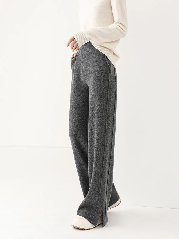 Women Wool Wide Leg Trousers Elastic Waist Side Slit Woman Wool Pants Autumn Winter 100% Merino Wool Knitted Soft Warm Trousers