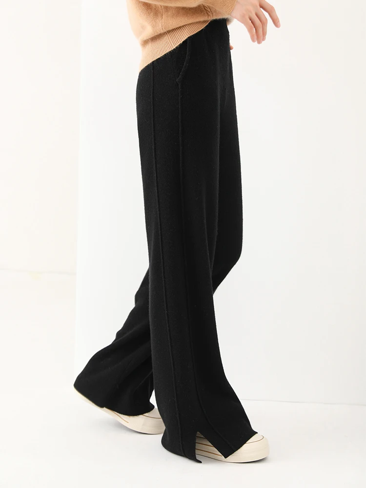 Women Wool Wide Leg Trousers Elastic Waist Side Slit Woman Wool Pants Autumn Winter 100% Merino Wool Knitted Soft Warm Trousers