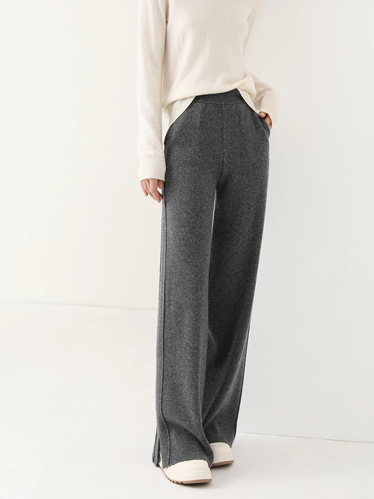 Women Wool Wide Leg Trousers Elastic Waist Side Slit Woman Wool Pants Autumn Winter 100% Merino Wool Knitted Soft Warm Trousers