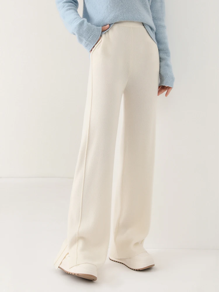 Women Wool Wide Leg Trousers Elastic Waist Side Slit Woman Wool Pants Autumn Winter 100% Merino Wool Knitted Soft Warm Trousers