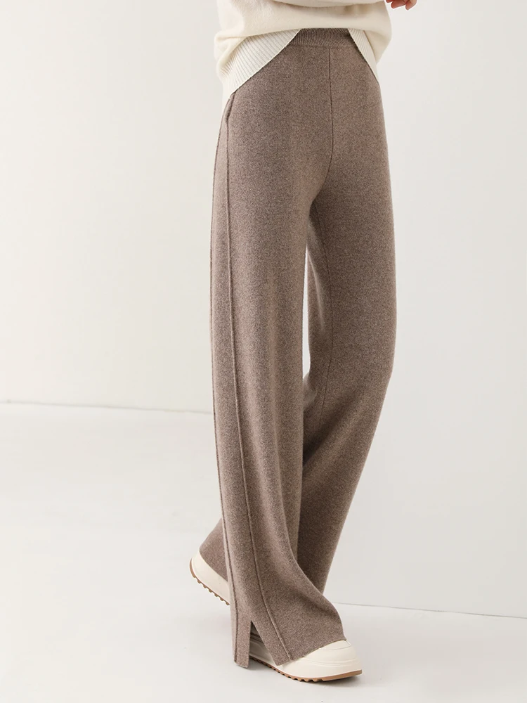 Women Wool Wide Leg Trousers Elastic Waist Side Slit Woman Wool Pants Autumn Winter 100% Merino Wool Knitted Soft Warm Trousers