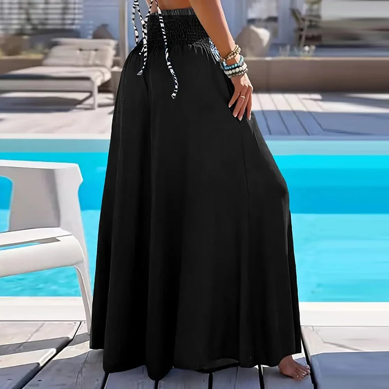 Spring Summer Loose Pants Women Elastic High Waist Wide Leg Pants For Women Casual Loose Trousers Black Blue