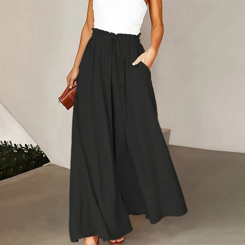 Spring Summer Loose Pants Women Elastic High Waist Wide Leg Pants For Women Casual Loose Trousers Black Blue
