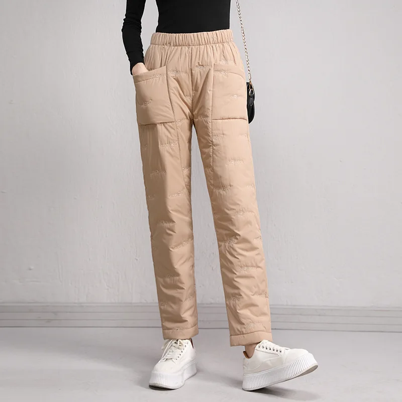 Fashion Elastic Waist Cotton Trousers Women Winter Loose Pockets Warm Straight Pants Woman High Waist Thicken Cotton Pants Lady