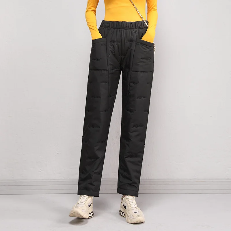 Fashion Elastic Waist Cotton Trousers Women Winter Loose Pockets Warm Straight Pants Woman High Waist Thicken Cotton Pants Lady