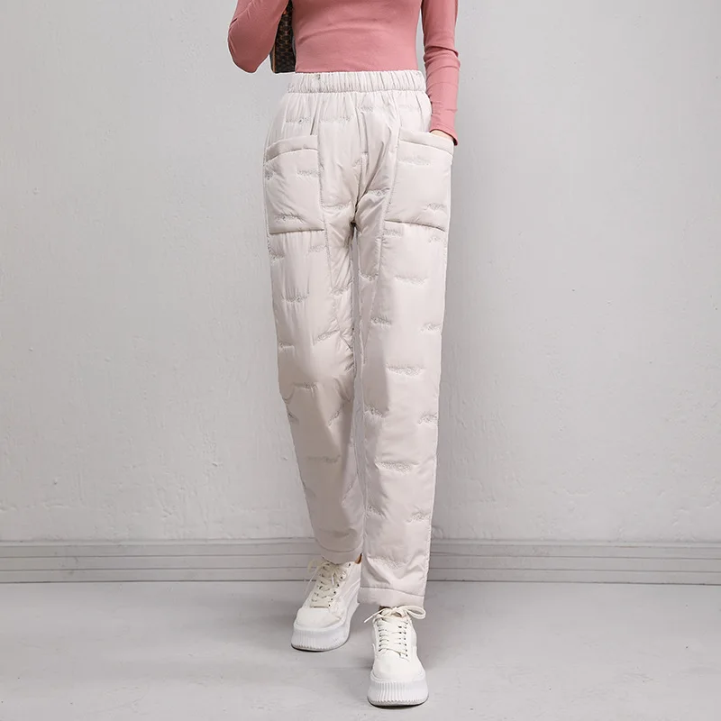 Fashion Elastic Waist Cotton Trousers Women Winter Loose Pockets Warm Straight Pants Woman High Waist Thicken Cotton Pants Lady