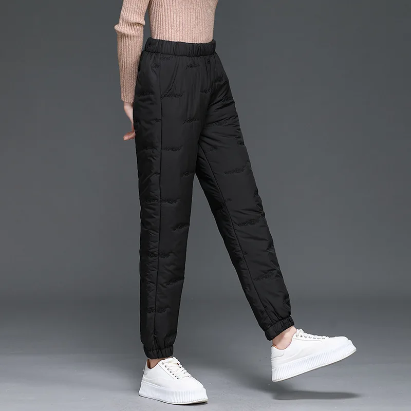 Fashion Elastic Waist Cotton Trousers Women Winter Loose Pockets Warm Straight Pants Woman High Waist Thicken Cotton Pants Lady