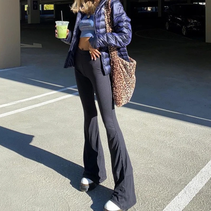 Solid Black Woman Pants Slim Fitting High Waisted Streetwear Casual Flare Pants Women Clothes Full Length Capri Trouser