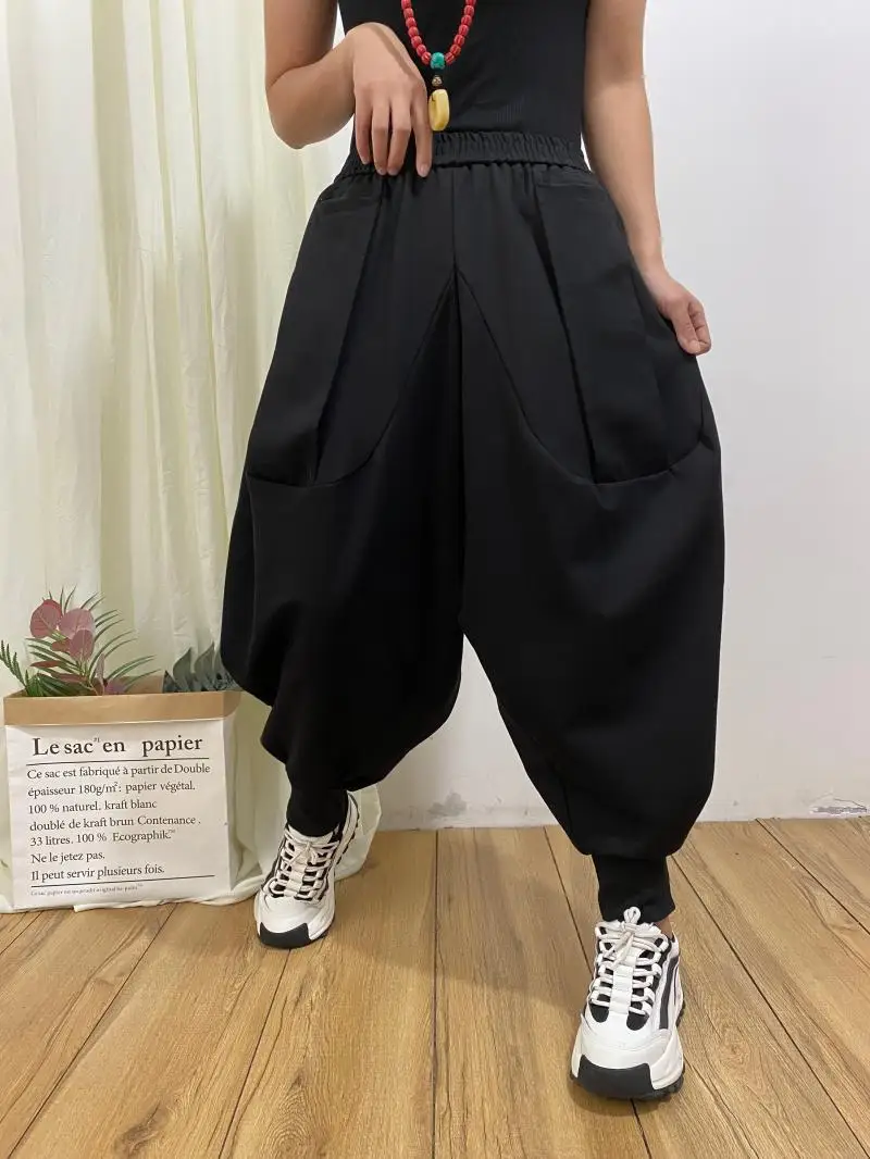 2024 Sprinp New Fashion PersonalityCrotch Ankle-Banded Knickerbockers Women Loose Slimming Elastic Waist Harem Drop Crotch Pants