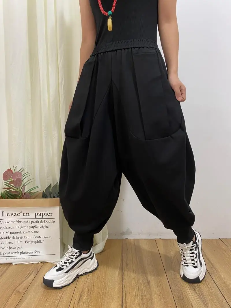 2024 Sprinp New Fashion PersonalityCrotch Ankle-Banded Knickerbockers Women Loose Slimming Elastic Waist Harem Drop Crotch Pants