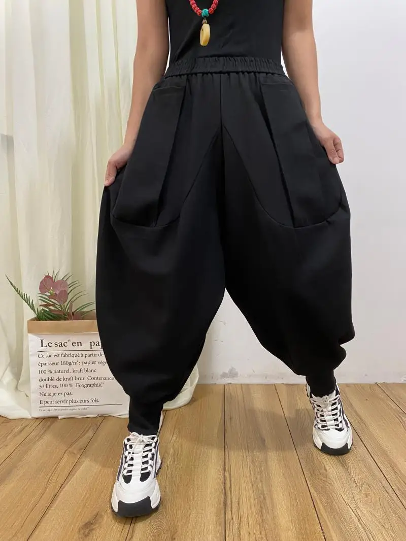 2024 Sprinp New Fashion PersonalityCrotch Ankle-Banded Knickerbockers Women Loose Slimming Elastic Waist Harem Drop Crotch Pants