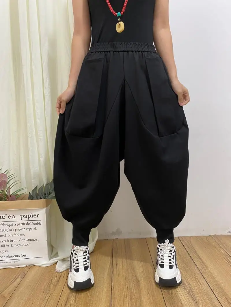 2024 Sprinp New Fashion PersonalityCrotch Ankle-Banded Knickerbockers Women Loose Slimming Elastic Waist Harem Drop Crotch Pants