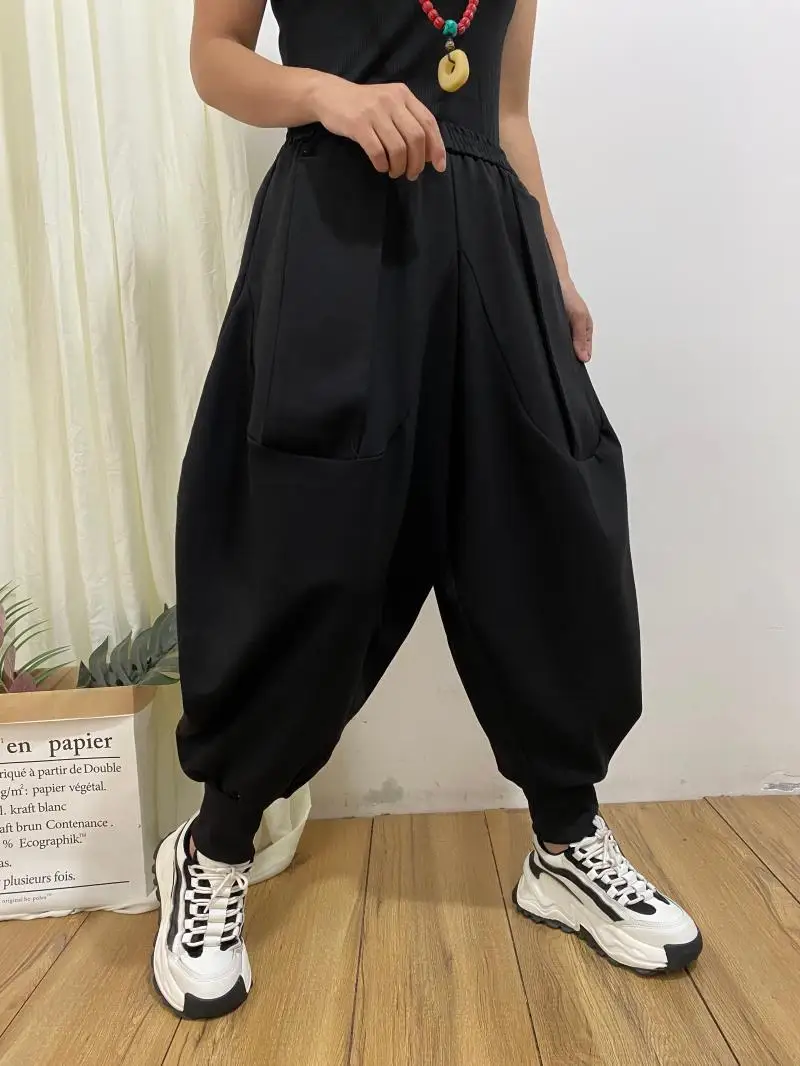 2024 Sprinp New Fashion PersonalityCrotch Ankle-Banded Knickerbockers Women Loose Slimming Elastic Waist Harem Drop Crotch Pants
