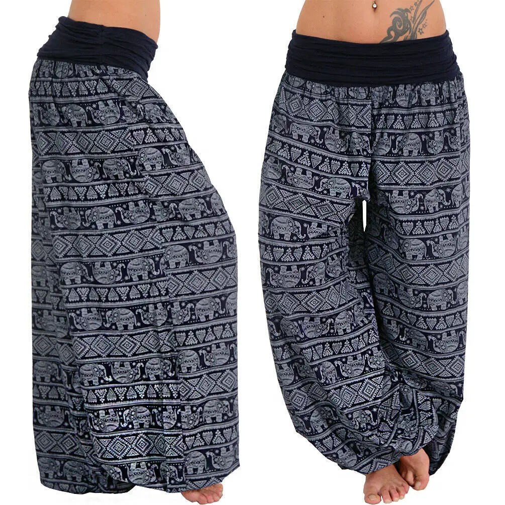 2026 Women's Fashion Elephant Print Yoga Low Waist Long Pants Loose Bloomer Trousers Bohemian Beach Trousers Vintage Harem Pants