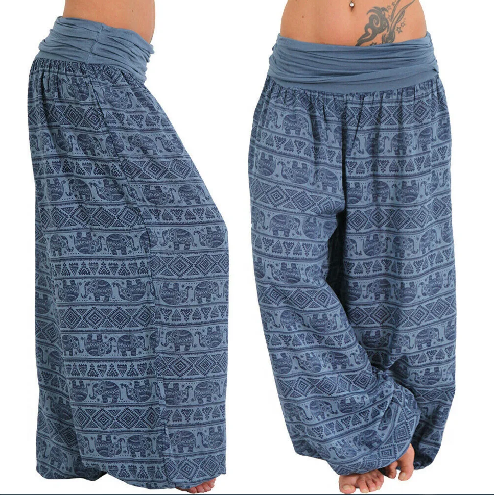 2026 Women's Fashion Elephant Print Yoga Low Waist Long Pants Loose Bloomer Trousers Bohemian Beach Trousers Vintage Harem Pants
