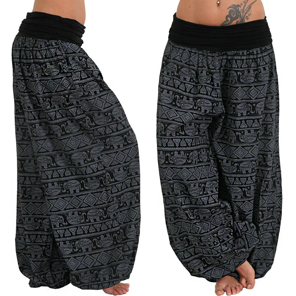 2026 Women's Fashion Elephant Print Yoga Low Waist Long Pants Loose Bloomer Trousers Bohemian Beach Trousers Vintage Harem Pants