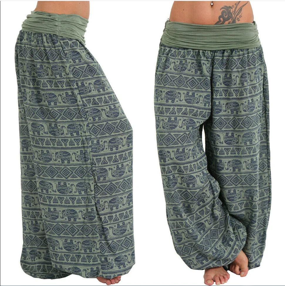 2026 Women's Fashion Elephant Print Yoga Low Waist Long Pants Loose Bloomer Trousers Bohemian Beach Trousers Vintage Harem Pants