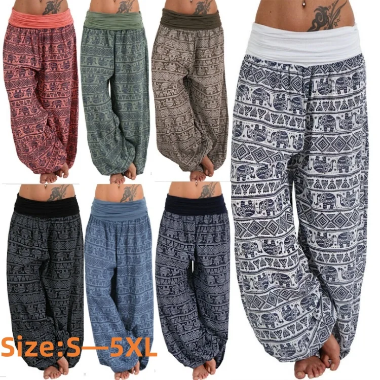 2026 Women's Fashion Elephant Print Yoga Low Waist Long Pants Loose Bloomer Trousers Bohemian Beach Trousers Vintage Harem Pants
