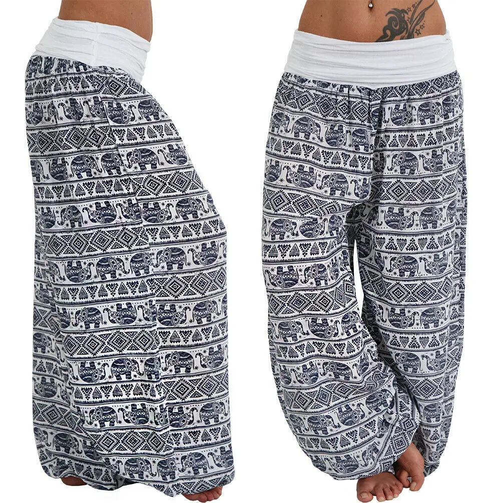 2026 Women's Fashion Elephant Print Yoga Low Waist Long Pants Loose Bloomer Trousers Bohemian Beach Trousers Vintage Harem Pants