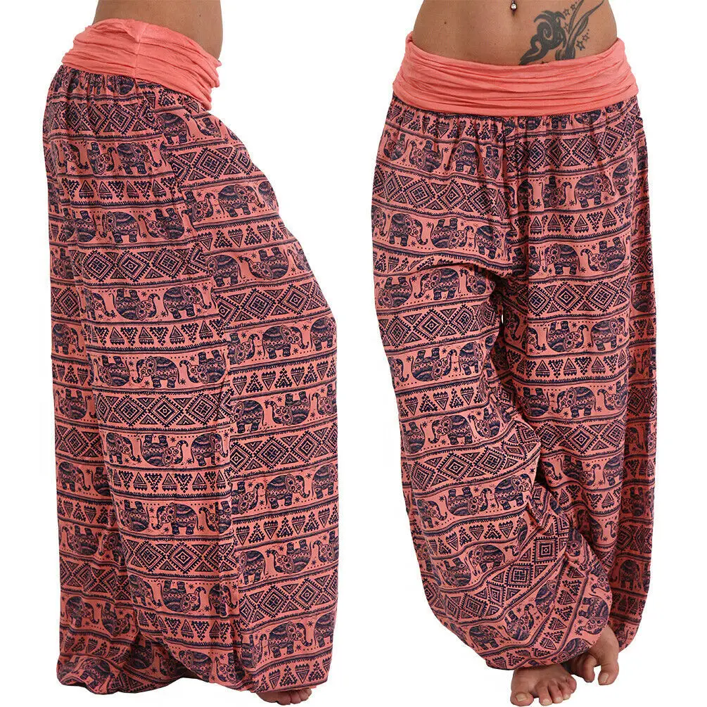 2026 Women's Fashion Elephant Print Yoga Low Waist Long Pants Loose Bloomer Trousers Bohemian Beach Trousers Vintage Harem Pants