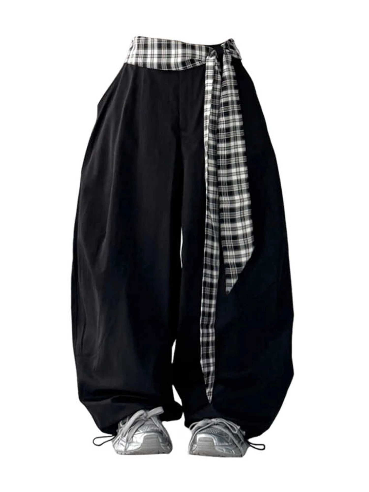 Women Black Gothic Parachute Pants Baggy Oversize Lace-up Long Pants Harajuku Japanese 2000s Style Y2k Vintage Trousers Clothes