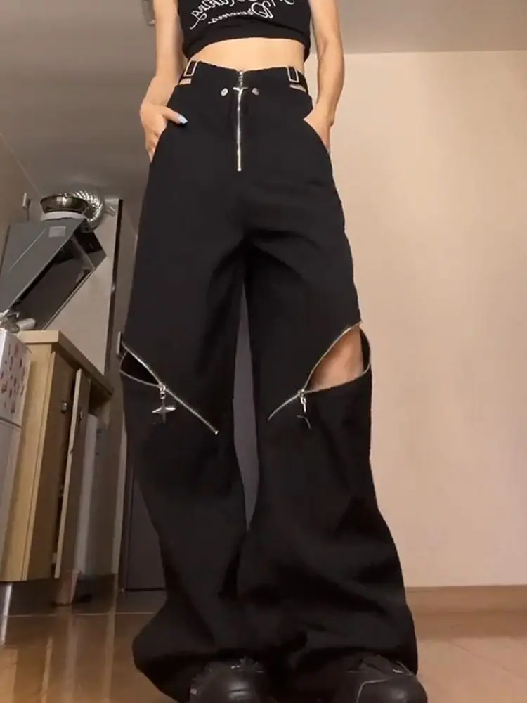 American retro high street design sense of foreign style pants women's autumn and winter new street fashion Joker hole overalls