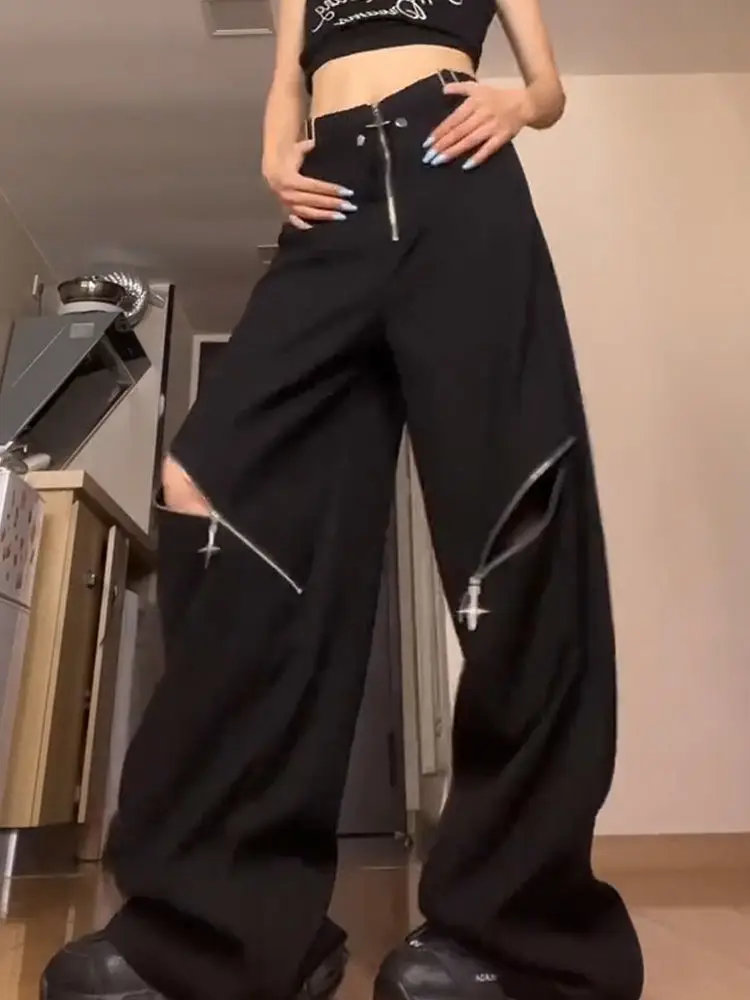American retro high street design sense of foreign style pants women's autumn and winter new street fashion Joker hole overalls