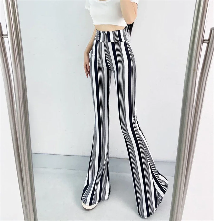 Sexy High Waist Striped Flare Pants Women Streetwear Print Tie Dye Slim Pantalones Vintage Lenggings Spodnie Aesthetic Trousers