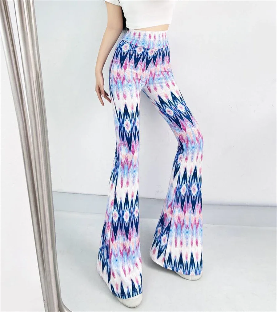 Sexy High Waist Striped Flare Pants Women Streetwear Print Tie Dye Slim Pantalones Vintage Lenggings Spodnie Aesthetic Trousers