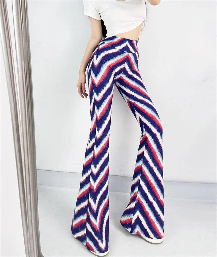 Sexy High Waist Striped Flare Pants Women Streetwear Print Tie Dye Slim Pantalones Vintage Lenggings Spodnie Aesthetic Trousers