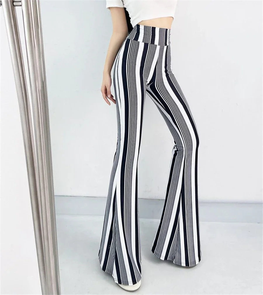 Sexy High Waist Striped Flare Pants Women Streetwear Print Tie Dye Slim Pantalones Vintage Lenggings Spodnie Aesthetic Trousers