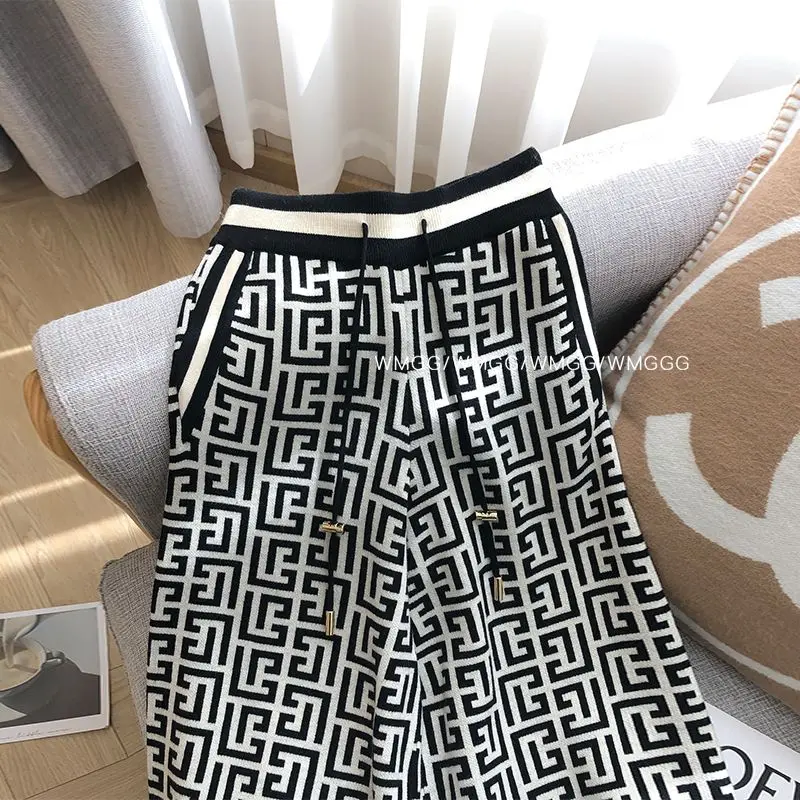 Vintage Knitting Wide Leg Women Spring Autumn Simplicity Office Lady Loose Straight Fashion All-match Temperament Casual Pants