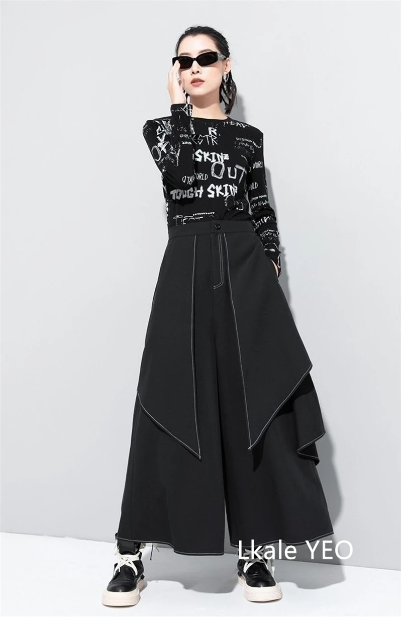 Women's Wide Leg Pants 2026 Spring Summer Casual Fake Two Pieces Design Ladies Trousers Loose Streetwear Fashion Femme Pants