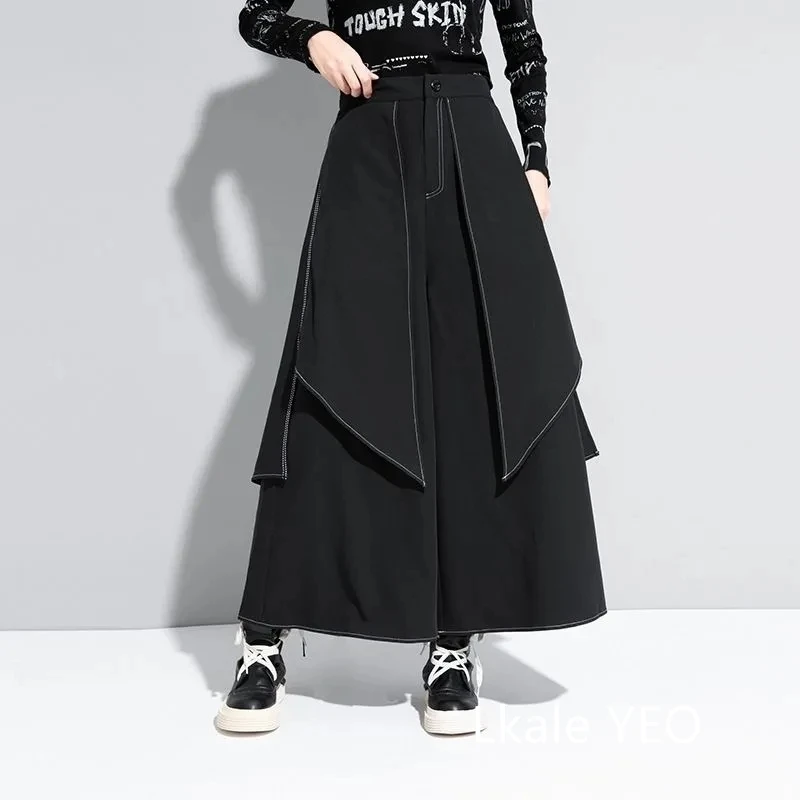 Women's Wide Leg Pants 2026 Spring Summer Casual Fake Two Pieces Design Ladies Trousers Loose Streetwear Fashion Femme Pants