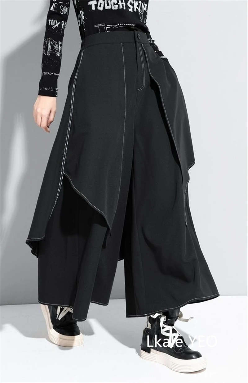 Women's Wide Leg Pants 2026 Spring Summer Casual Fake Two Pieces Design Ladies Trousers Loose Streetwear Fashion Femme Pants