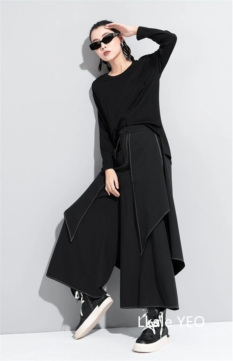 Women's Wide Leg Pants 2026 Spring Summer Casual Fake Two Pieces Design Ladies Trousers Loose Streetwear Fashion Femme Pants