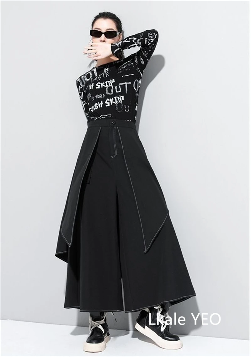 Women's Wide Leg Pants 2026 Spring Summer Casual Fake Two Pieces Design Ladies Trousers Loose Streetwear Fashion Femme Pants