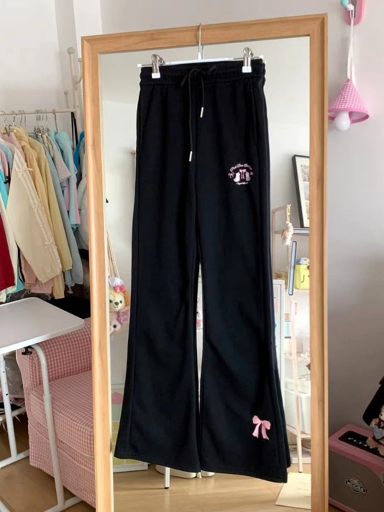 Cotton Joggers Streetwear Women Sweatpants Pantalon Femme Fashion High Waist Flare Pants Casual Embroidery Bow Y2k Trousers