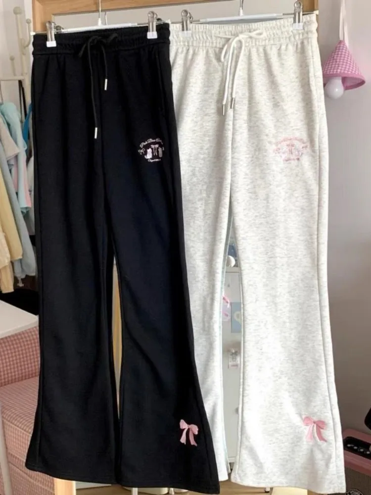 Cotton Joggers Streetwear Women Sweatpants Pantalon Femme Fashion High Waist Flare Pants Casual Embroidery Bow Y2k Trousers